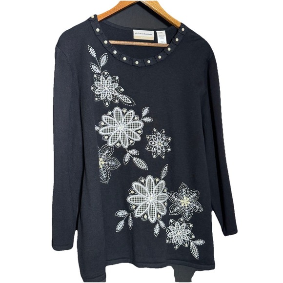 Alfred Dunner Black and White floral beaded sweater cotton 1X NWT Artsy - Picture 1 of 7
